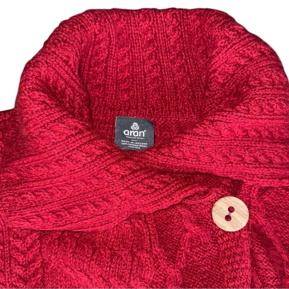 Aran Red Wool Cardigan Irish Patchwork Wrap Button Collar Merino XL - Picture 5 of 16